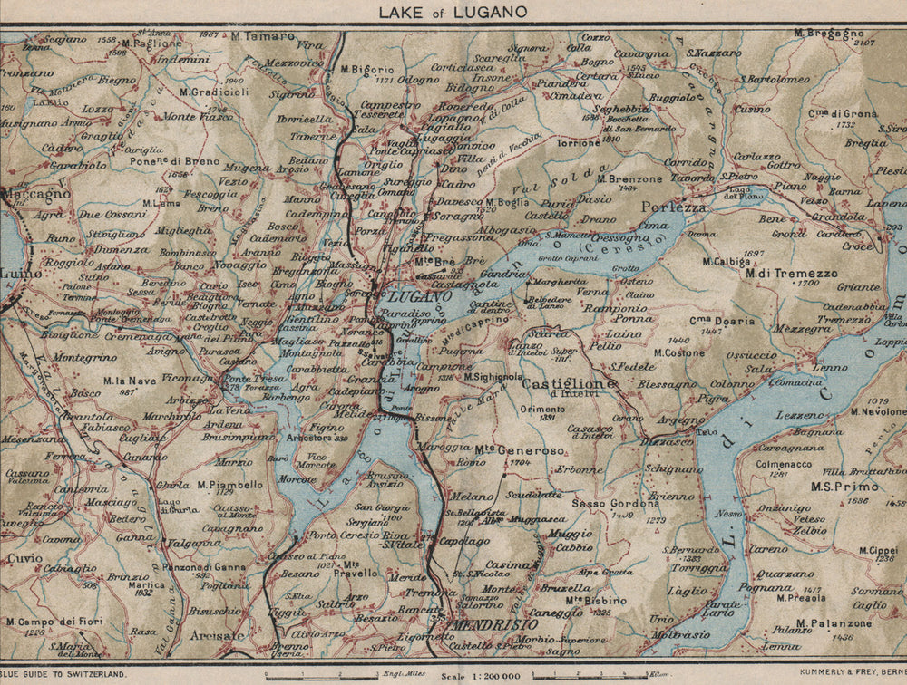 LAKE OF LUGANO. Vintage map plan. Lago di Lugano. Switzerland Italy 1930