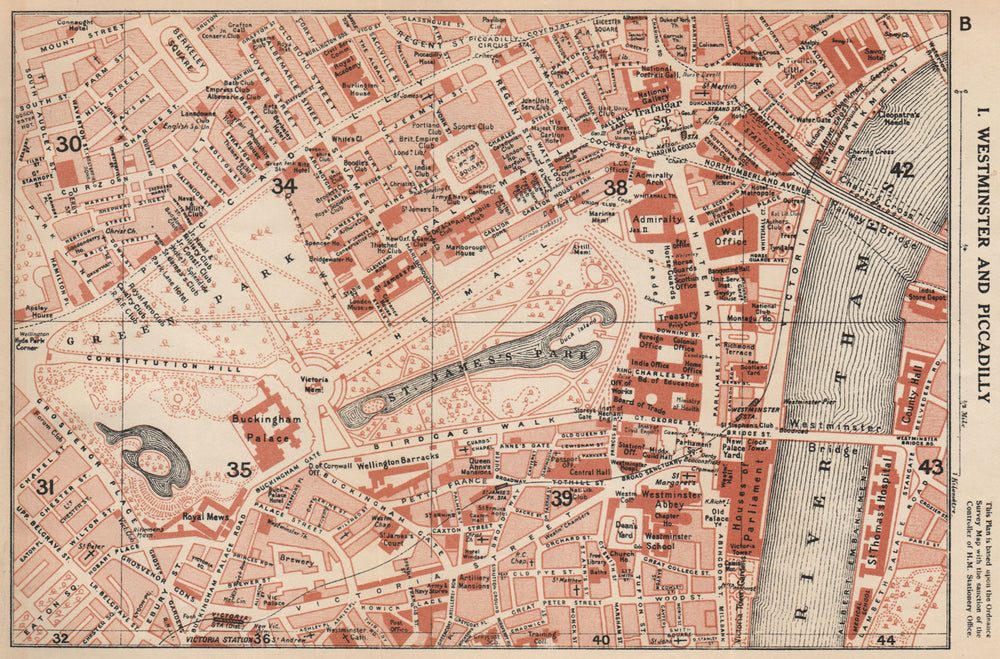 WESTMINSTER & PICCADILLY. Green/St James's park Mayfair Belgravia 1935 old map