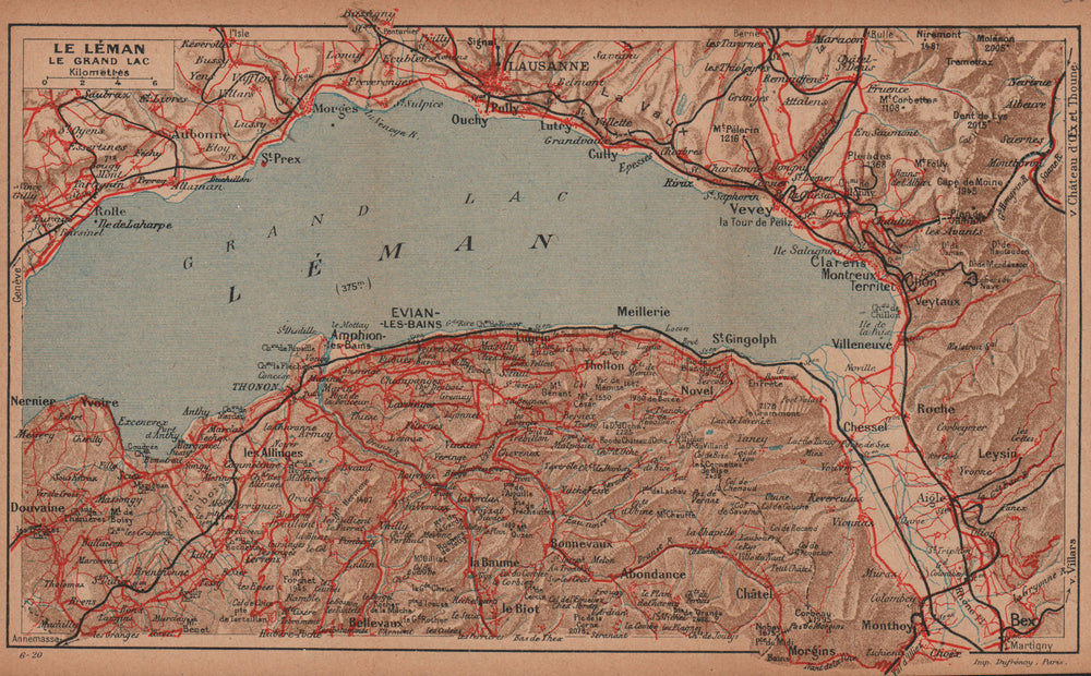 LE LÉMAN LE GRAND LAC. Lake Geneva Genève. Vintage map plan. Switzerland 1920