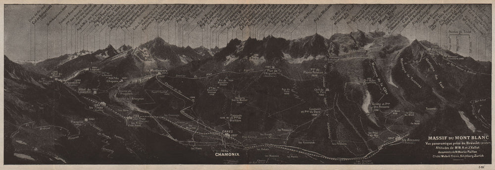 MASSIF DU MONT BLANC. Vintage panoroma map plan. Haute-Savoie 1920 old