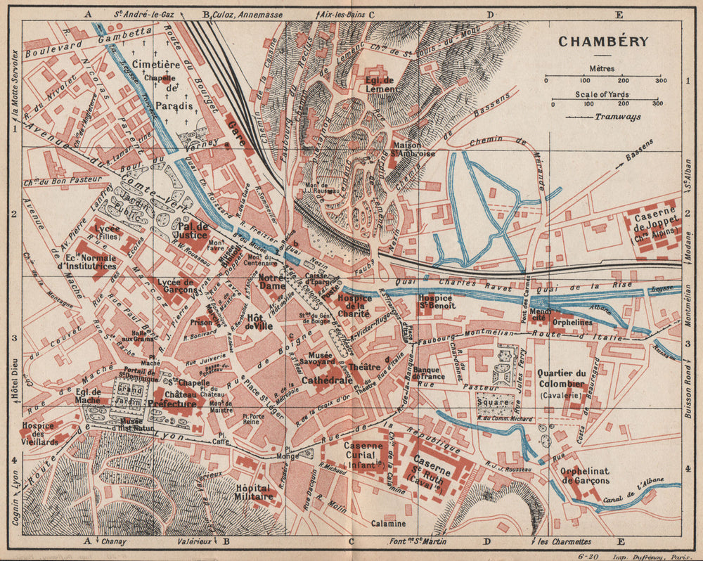 CHAMBÉRY. Vintage town city map plan. Savoie 1920 old antique chart