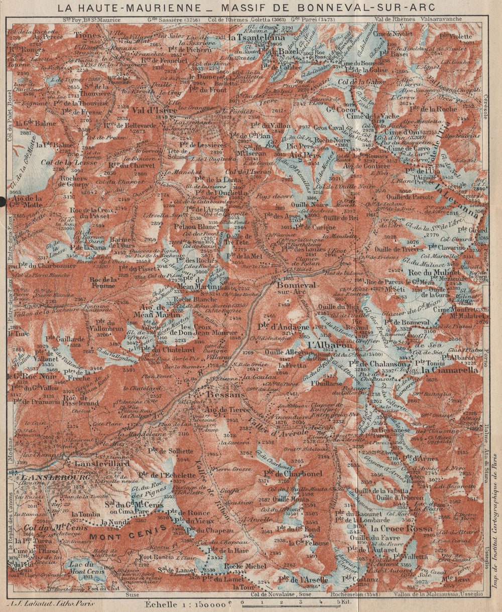 LA HAUTE-MAURIENNE.Massif de Bonneval-sur-Arc.Tignes Val d'Isère.Savoie 1920 map