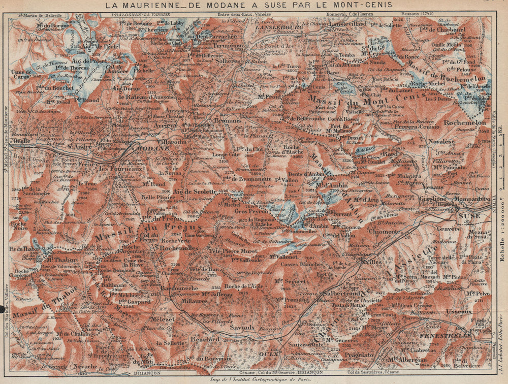 LA MAURIENNE. Modane Susa Mont-Cenis Val Thorens. Vintage map plan. Savoie 1920