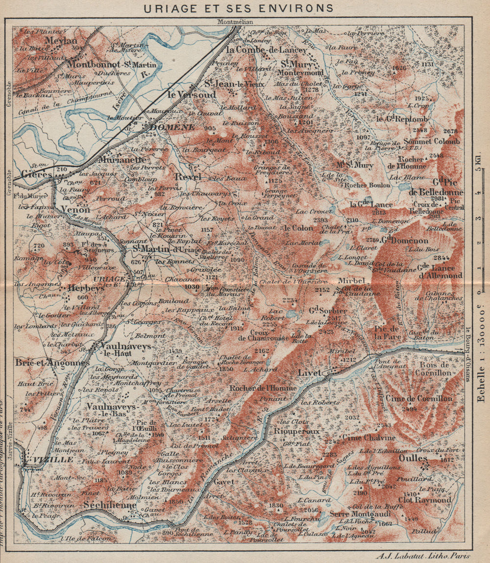 URIAGE & ENVIRONS. Vizille Domène Livet Chamrousse. Vintage map. Isère 1920