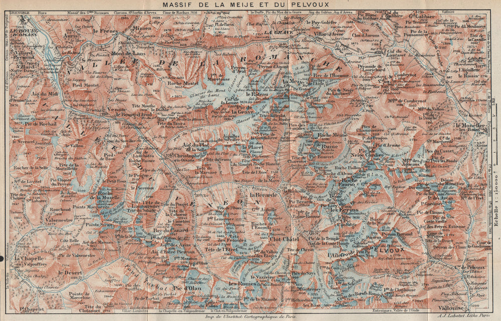 MASSIF DE LA MEIJE ET DU PELVOUX. Vintage map plan. Hautes-Alpes 1920 old