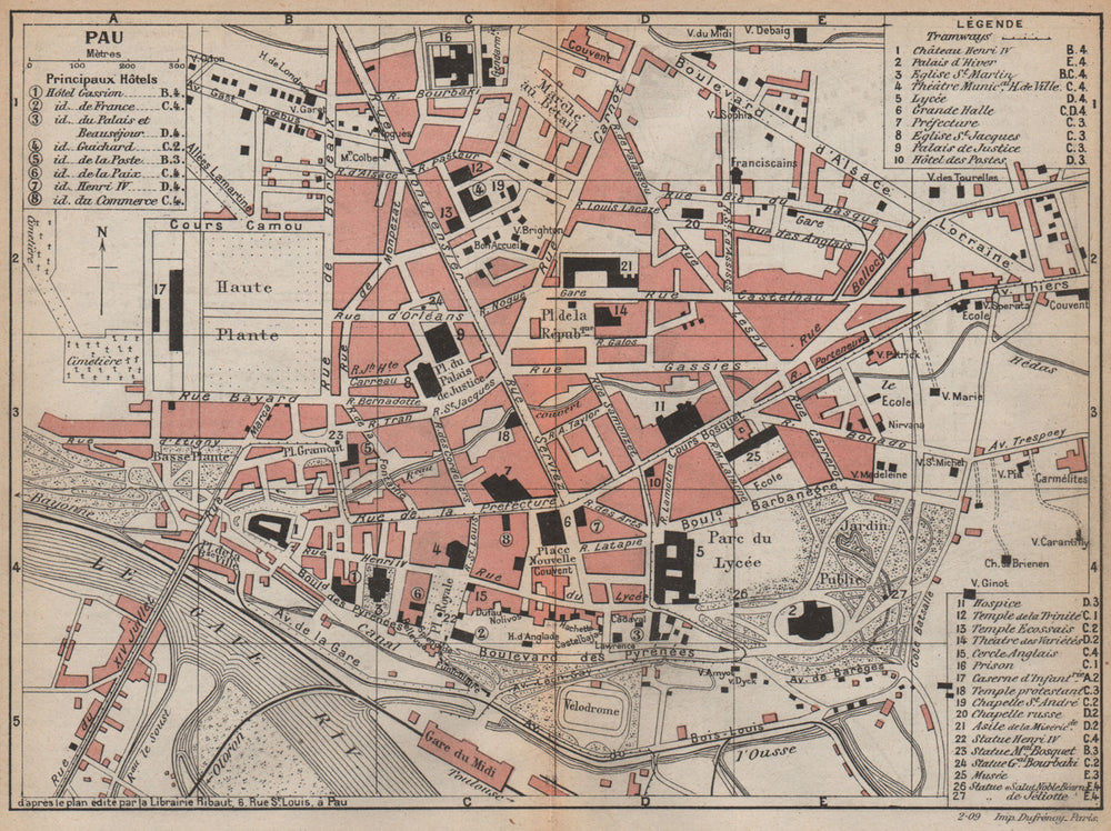 PAU. Vintage town city map plan. Pyrénées-Atlantiques 1907 old
