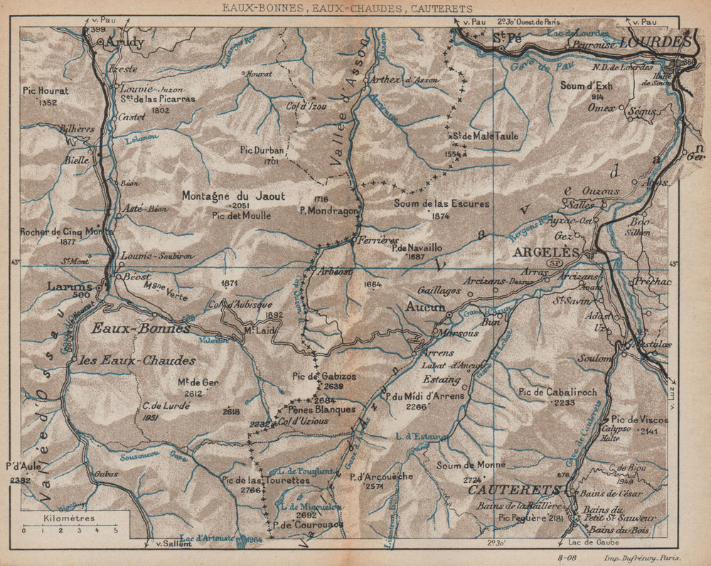 PYRÉNÉES. Eaux-Bonnes/Chaudes Cauterets Lourdes Argeles. Vintage map plan.  1907