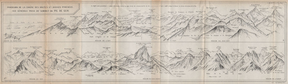 PYRENEES PARC NATIONAL. Vintage panorama vue du/view from Pic du Ger 1907 map