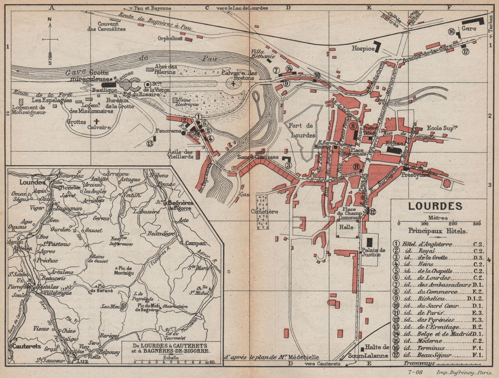 LOURDES. Vintage town map plan. Hiking trails. Hautes-Pyrénées 1907 old