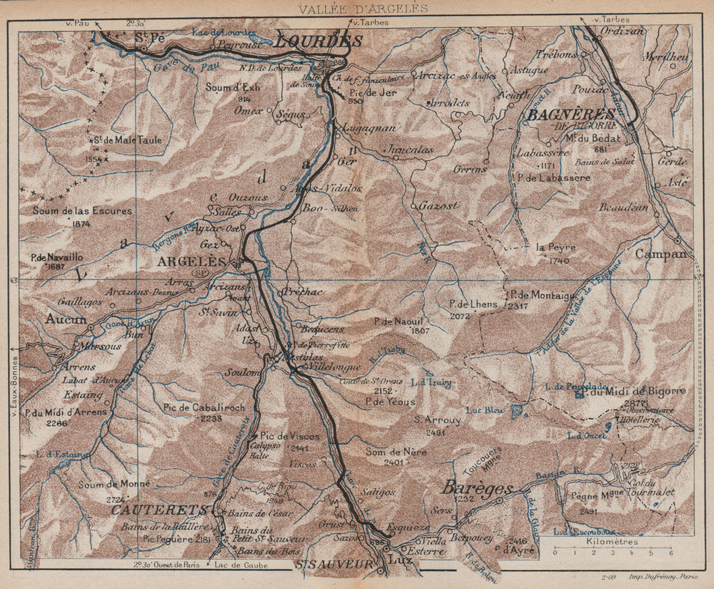 VALLÉE D'ARGELÈS.Lourdes Cauterets Bagnères-de-Bigorre.Hautes-Pyrénées 1907 map