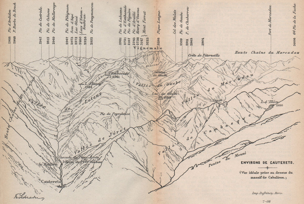 VINTAGE PYRENEES PANORAMA.Cabaliros Massif to Cauterets.Hautes-Pyrénées 1907 map