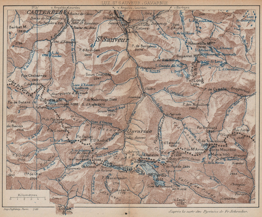 CAUTERETS ET GAVARNIE. Vintage topo-guide. Hautes-Pyrénées 1907 old map