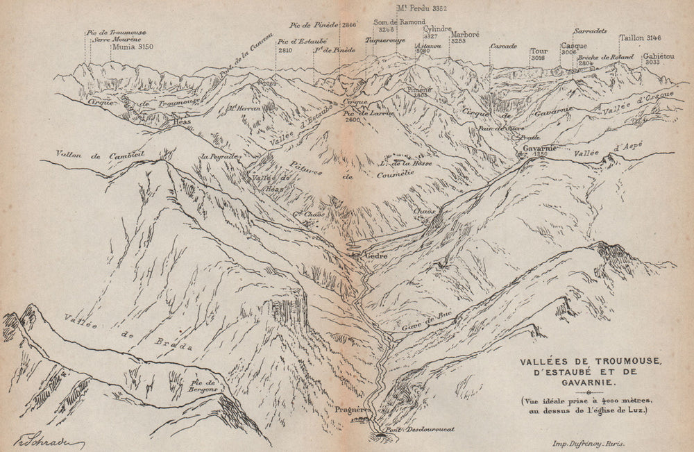 VALLÉES TROUMOUSE ESTAUBÉ GAVARNIE. Gèdre Pragnères. Panorama. Pyrénées 1907 map