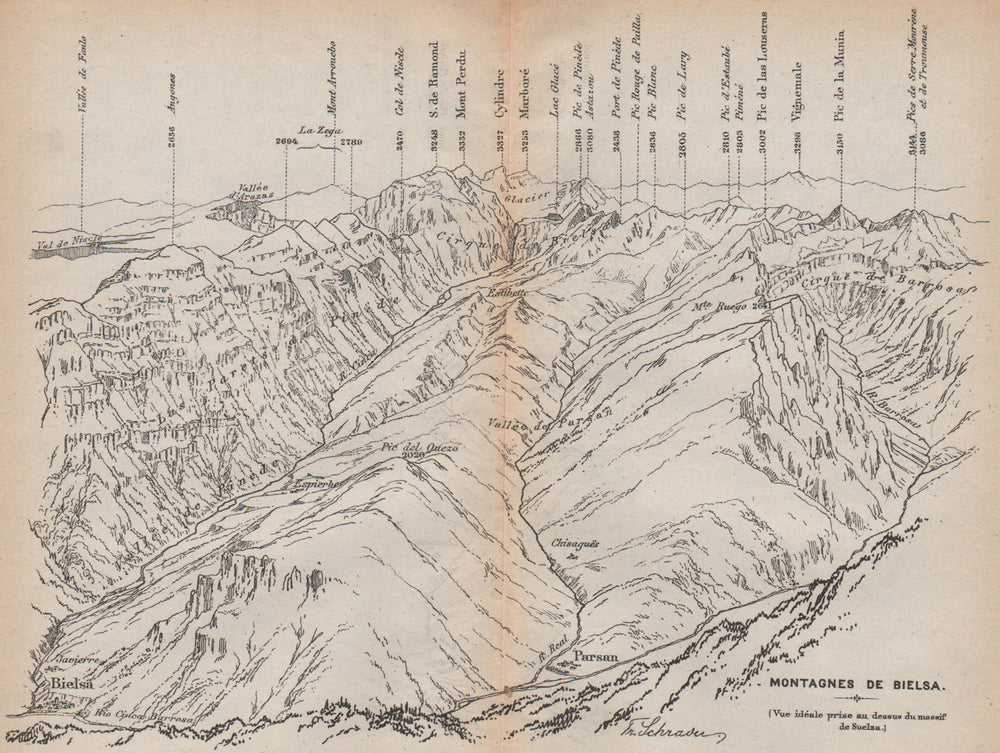 CIRQUE DE BIELSA & BARROSA.Parzan Pineta.Vintage panorama.Huesca Aragon 1907 map