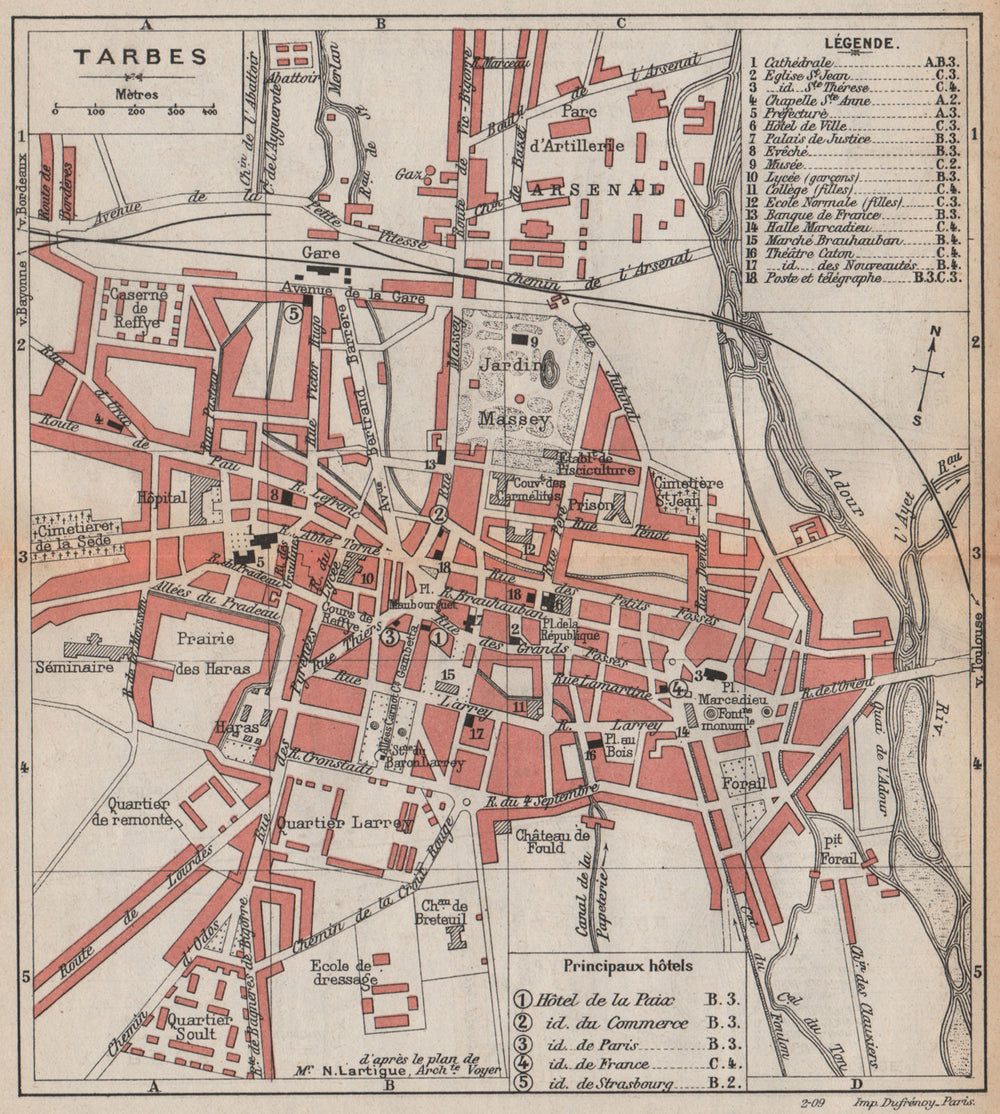 TARBES. Vintage town city map plan. Hautes-Pyrénées 1907 old antique chart