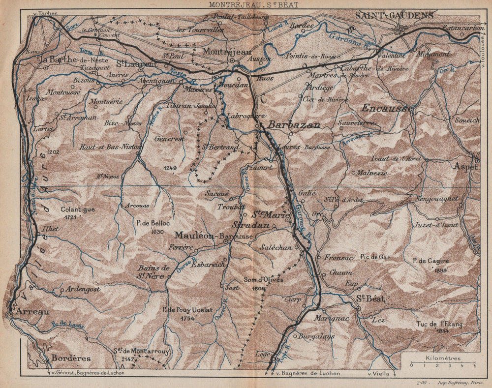 MONTRÉJEAU ST. BÉAT BARBAZAN. Vintage map plan. Haute-Garonne/Pyrenees 1907
