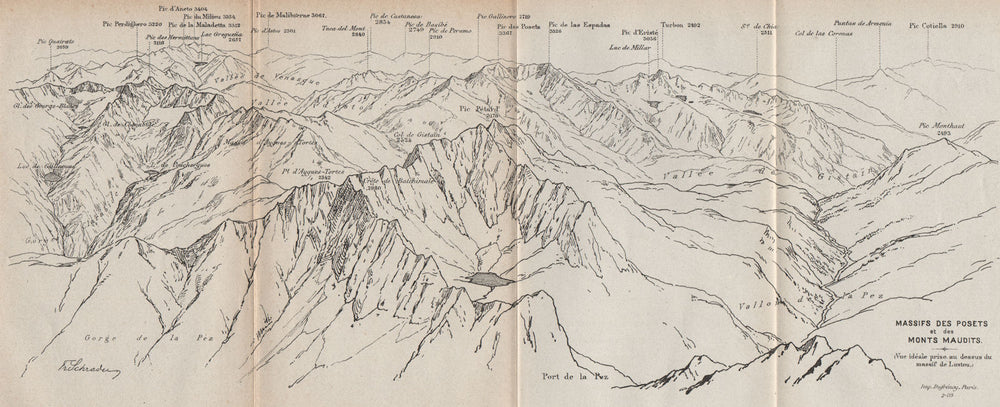POSETS-MALADETA MASSIFS.Montes Malditos.Monts Maudits.Vintage panorama 1907 map