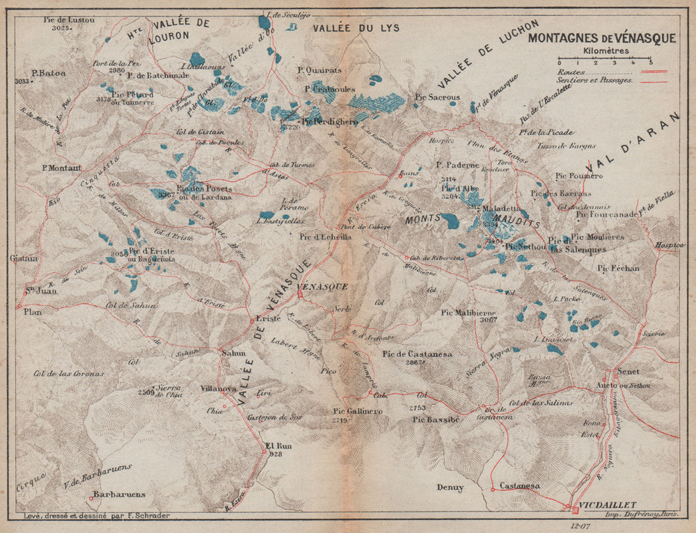 BENASQUE VALLEY. Montagnes de Venasca. Vintage hiking map. Pyrenees 1907