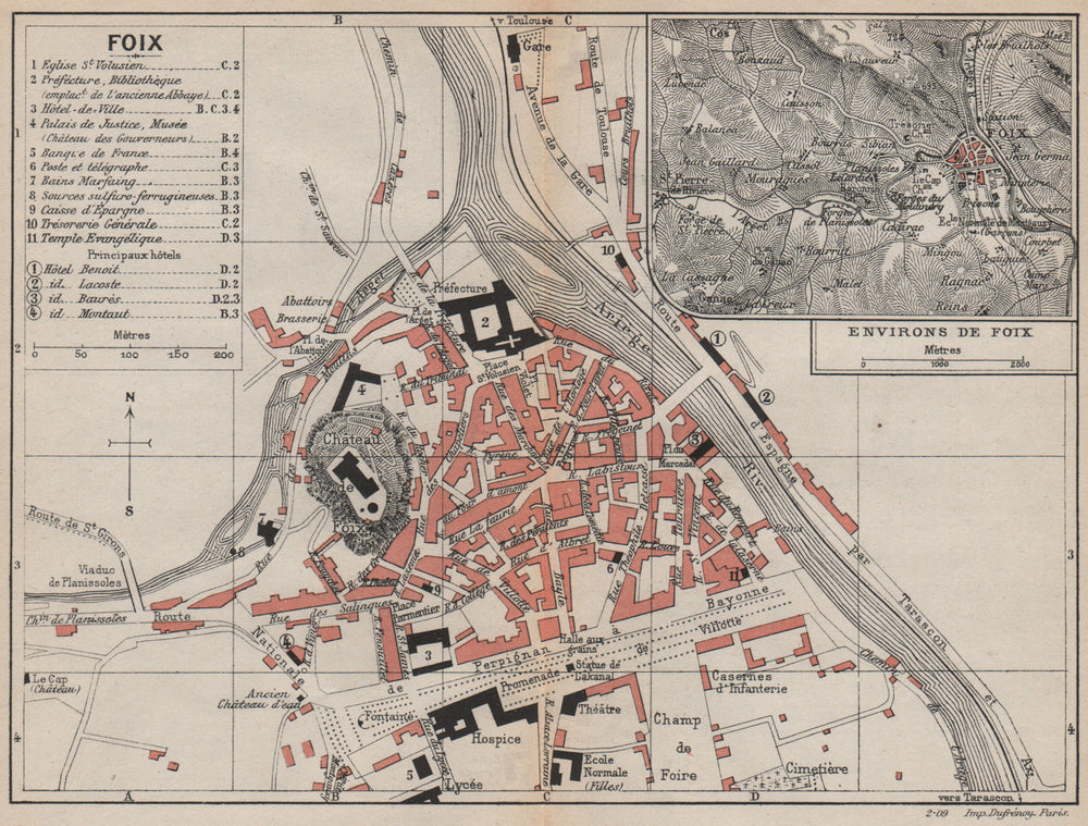 FOIX. Vintage town city map plan. Inset environs. Ariège 1907 old antique