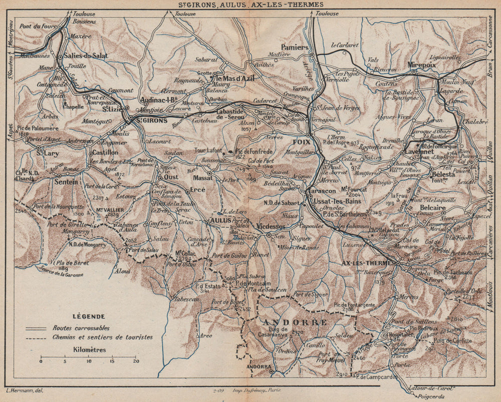 ARIÈGE. St. Girons Aulus Ax-les-Thermes Foix. Pyrénées. Vintage hiking map 1907