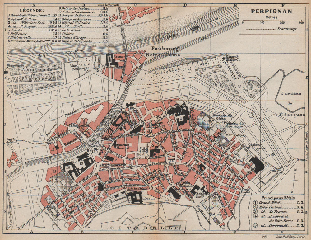 PERPIGNAN. Vintage town city map plan. Pyrénées-Orientales 1907 old