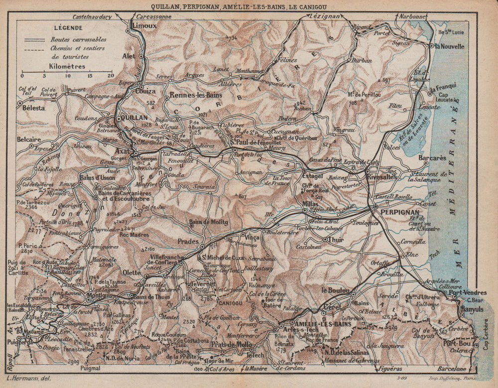 PYRÉNÉES-ORIENTALES LITTORAL.Quillan Perpignan Canigou Amélie-les-Bains 1907 map