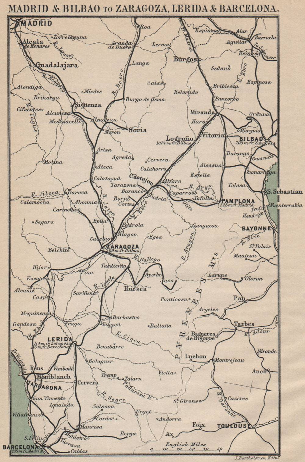 PYRENEES. Madrid Bilbao Zaragoza Lerida Barcelona Toulouse Spain 1899 old map