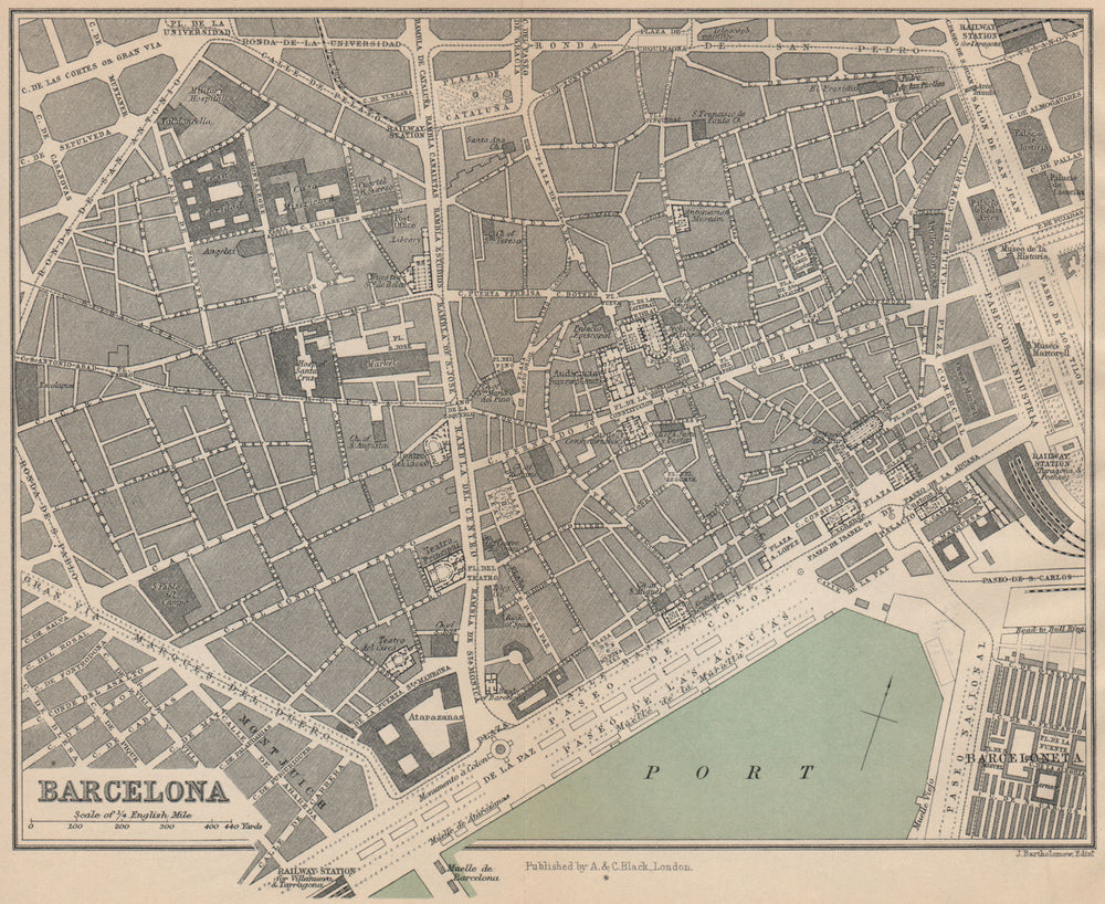 BARCELONA. Vintage town city map plan. Spain 1899 old antique chart
