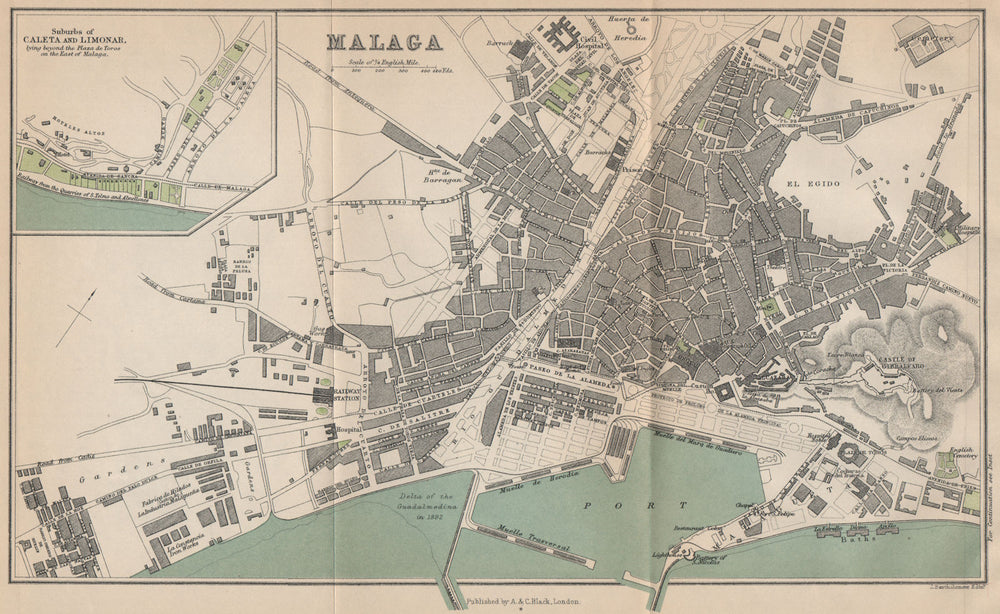 MALAGA. Caleta Limonar. Vintage town city map plan. Spain 1899 old antique