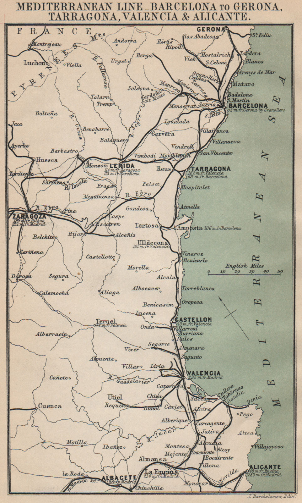 SPAIN MEDITERRANEAN COAST.Costa Blanca del Azahar Dorada Brava.Railways 1899 map