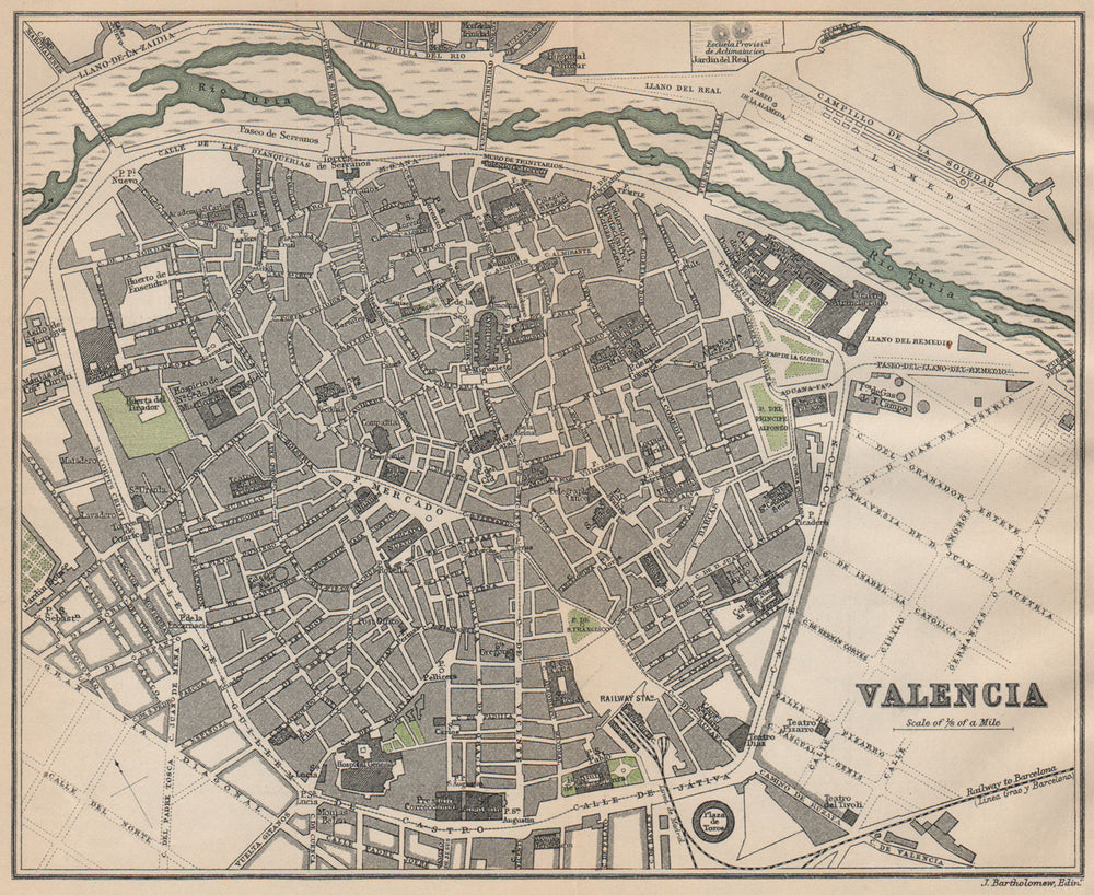 VALENCIA. Vintage town city map plan. Spain 1899 old antique chart