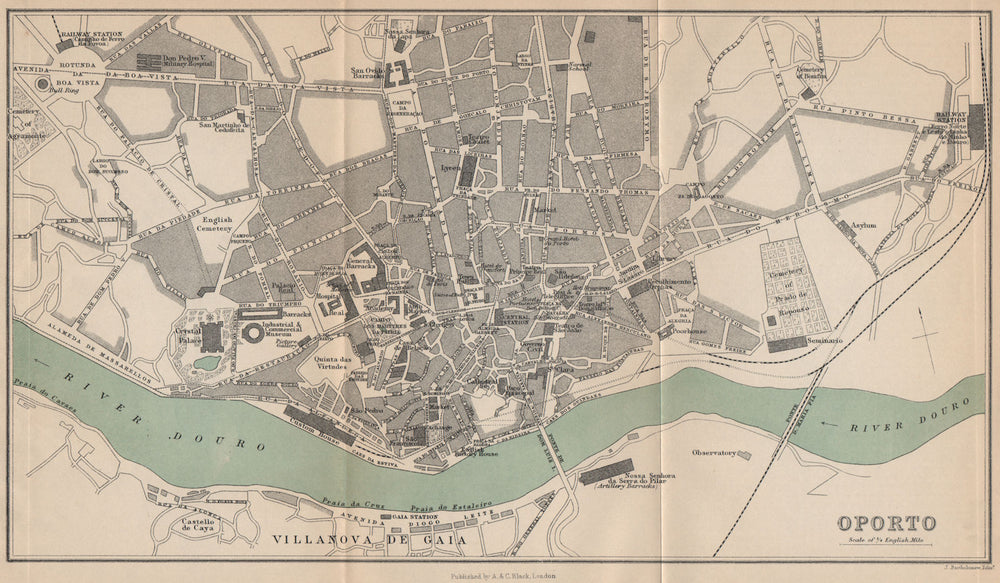 OPORTO. Vintage town city map plan. Portugal 1899 old antique chart