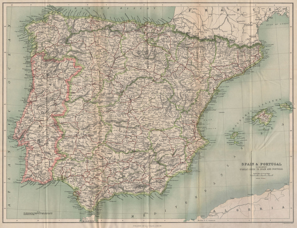 IBERIA RAILWAYS. Spain & Portugal. Provinces. Vintage map plan 1899 old