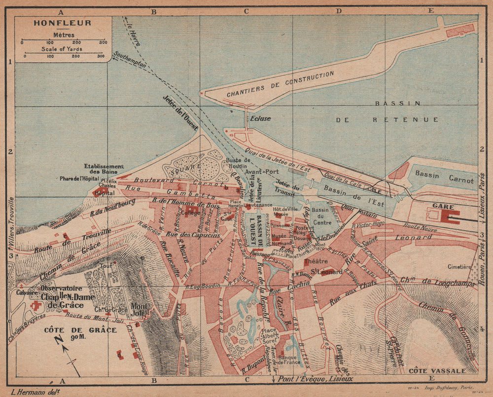 HONFLEUR. Vintage town city map plan. Calvados 1925 old vintage chart