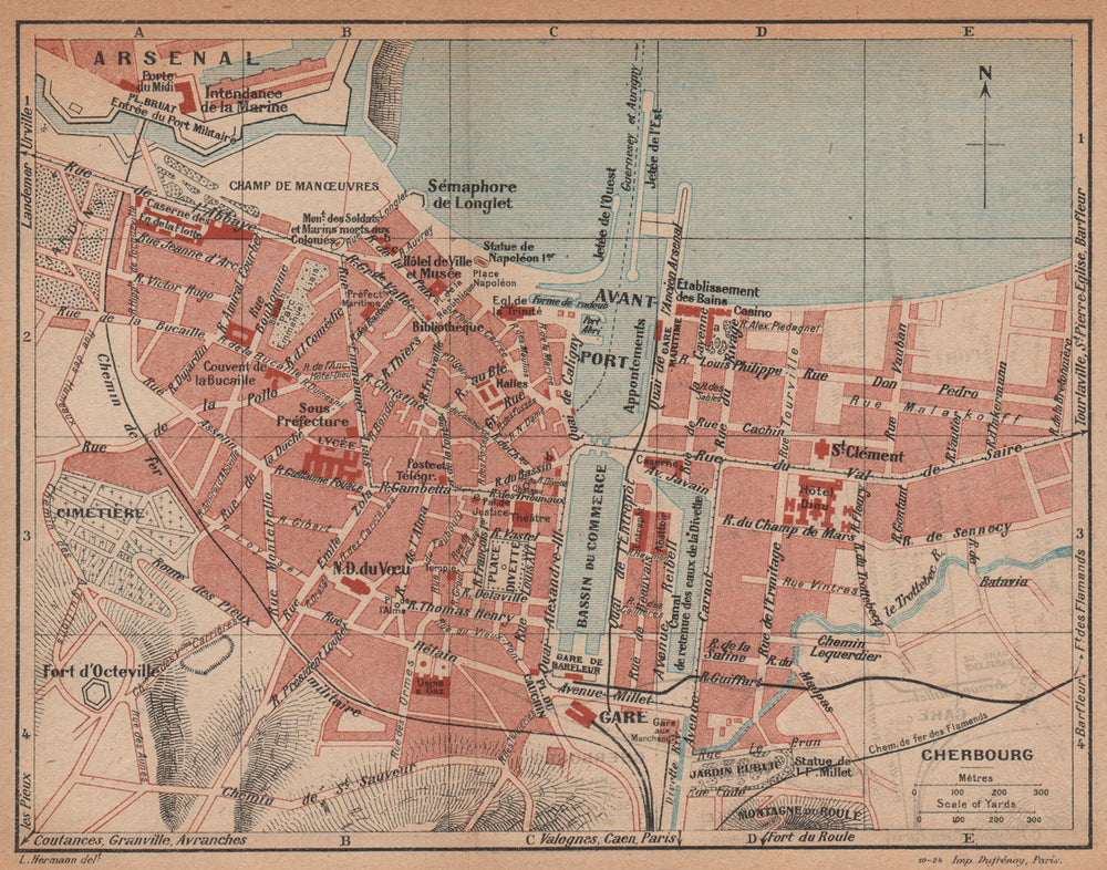 CHERBOURG. Vintage town city map plan. Manche 1925 old vintage chart