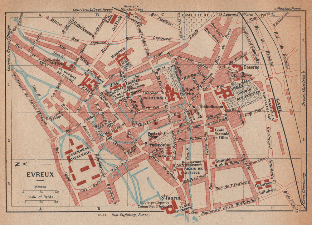 EVREUX. Vintage town city map plan. Eure 1925 old vintage chart
