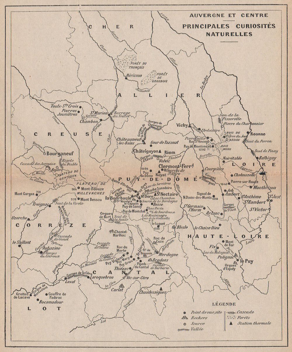 AUVERGNE & CENTRE. Natural features. Valleys falls spas rocks springs 1909 map