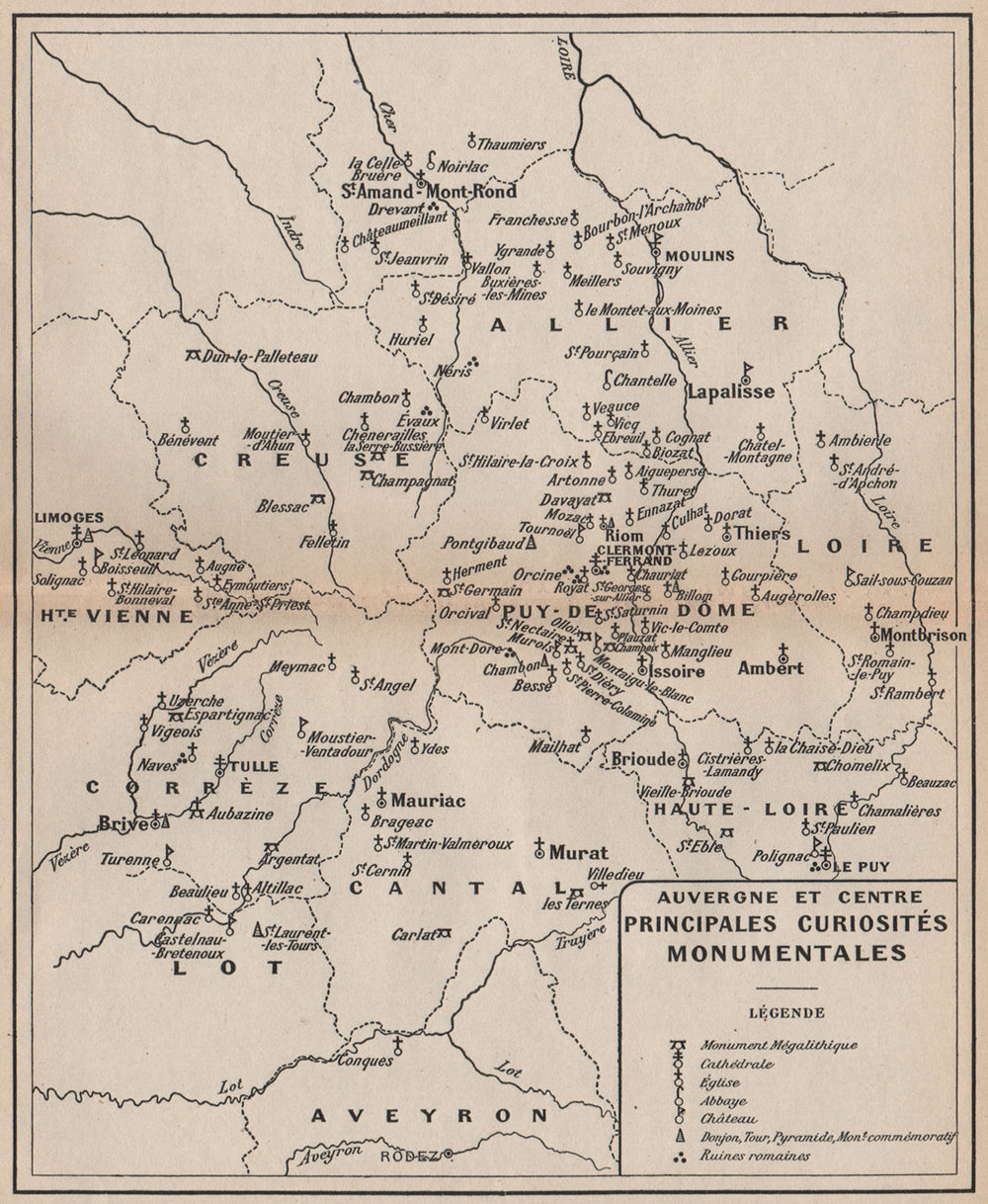 AUVERGNE & CENTRE. Megaliths churches Roman ruins chateaux. Vintage map 1909