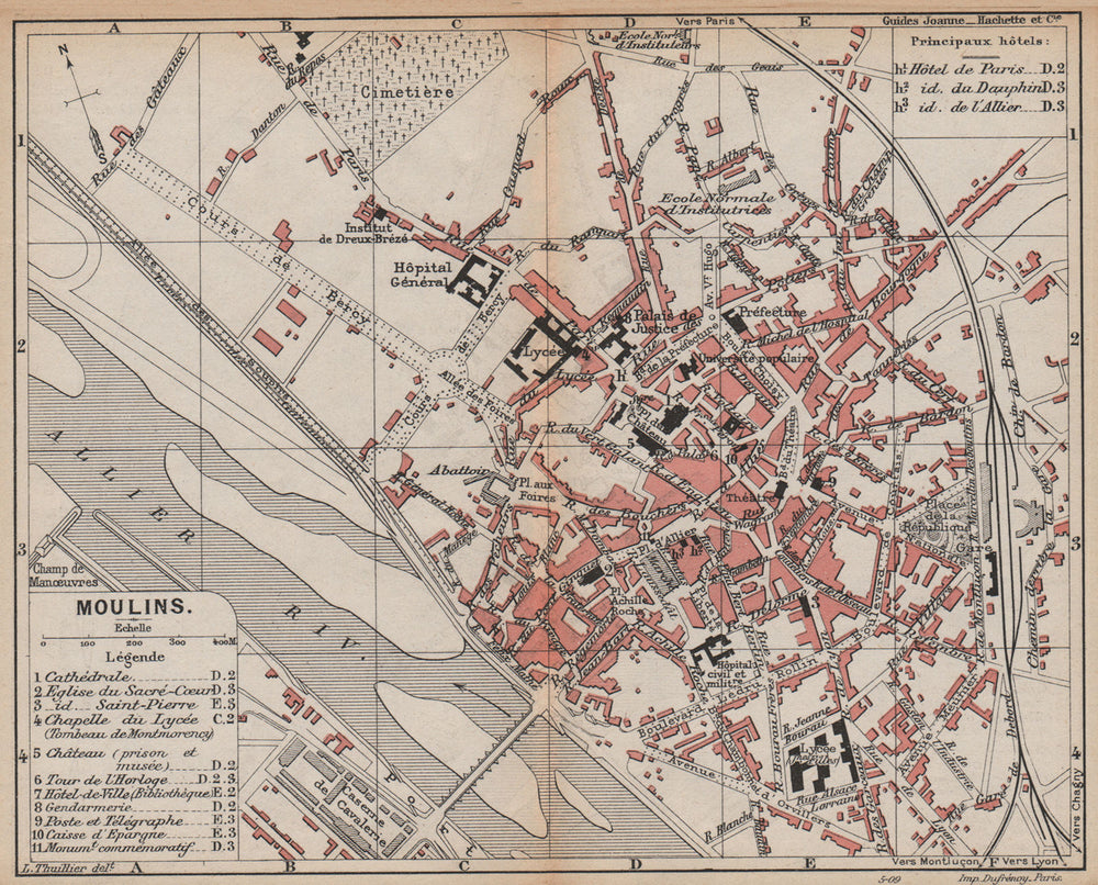 MOULINS. Vintage town city map plan. France. Auvergne 1909 old antique
