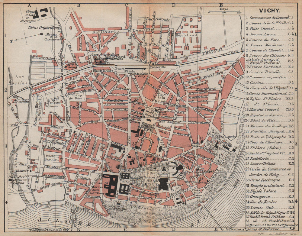 VICHY. Vintage town city map plan. Allier. Auvergne 1909 old antique chart