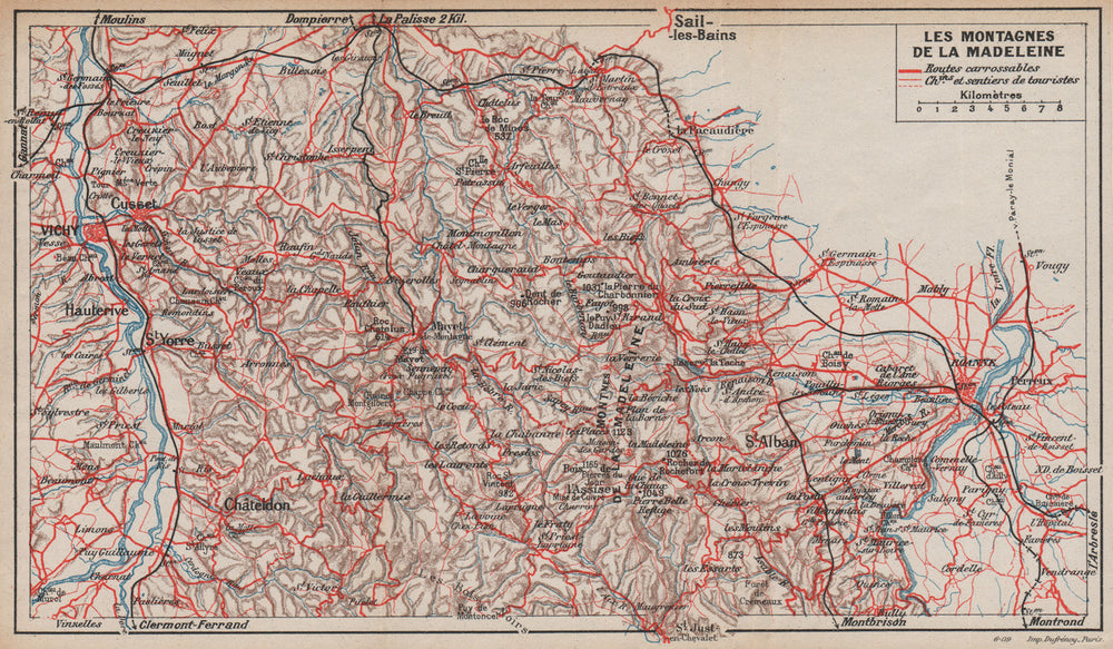 LES MONTAGNES DE LA MADELEINE. Vichy Roanne. Allier Loire. Auvergne 1909 map