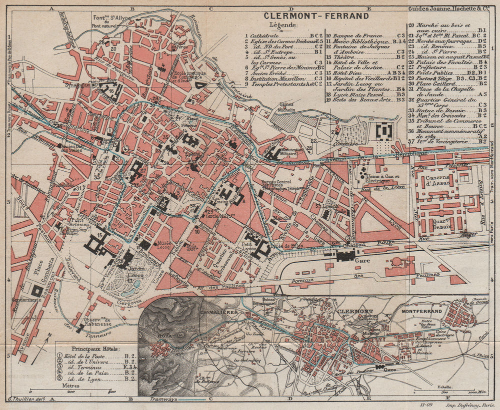 CLERMONT-FERRAND. Vintage city plan. Montferrand Puy-De-Dôme Auvergne 1909 map