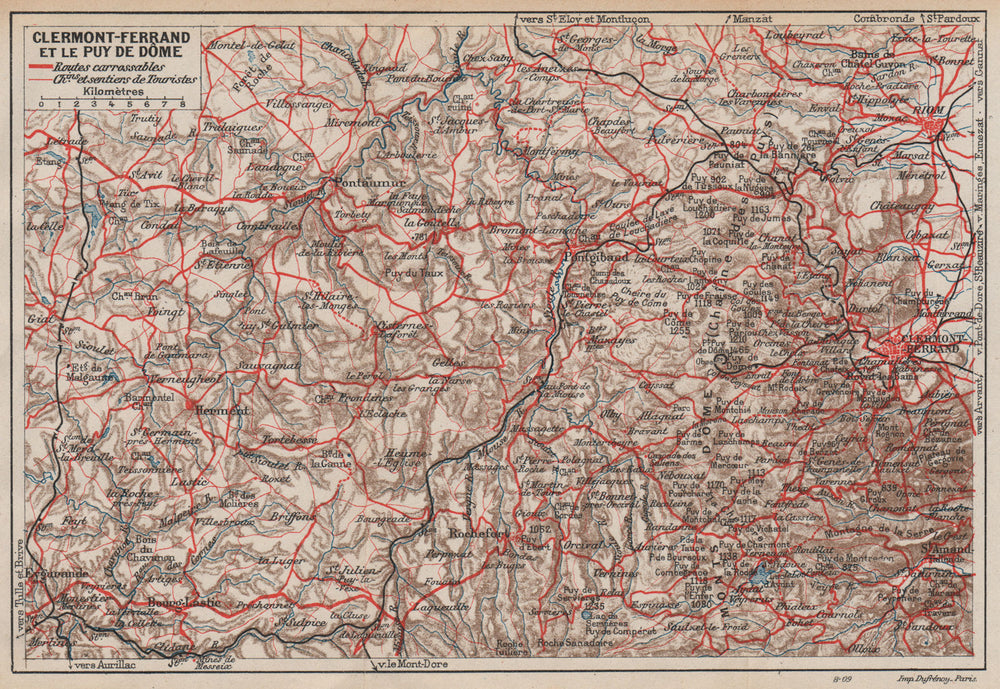 CLERMONT-FERRAND & LE PUY. Chaine des Puys. Monts Dôme. Auvergne 1909 old map