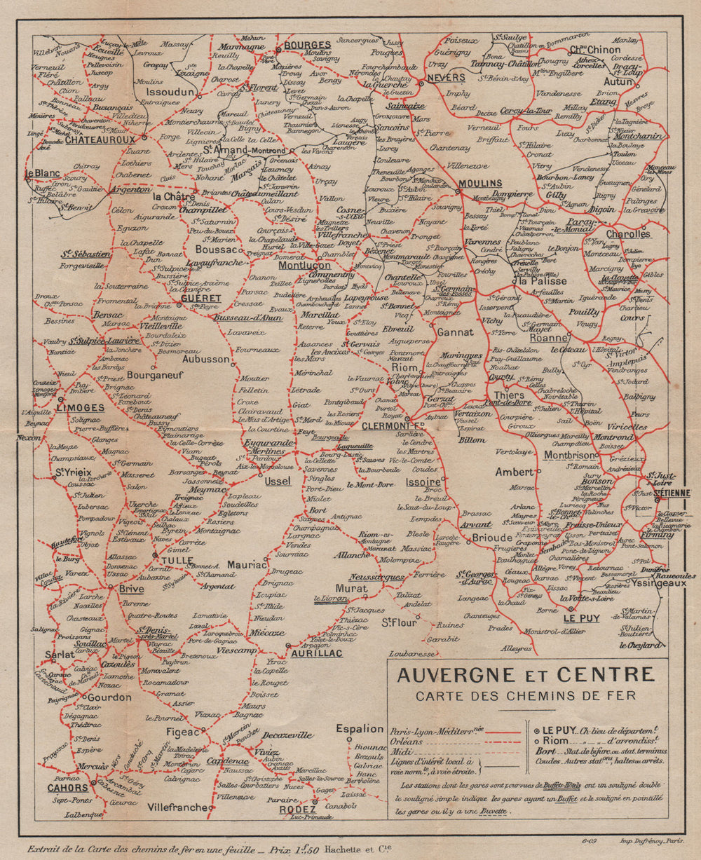 AUVERGNE/CENTRE. Chemins de Fer. Vintage map plan. Limousin. Railways 1909