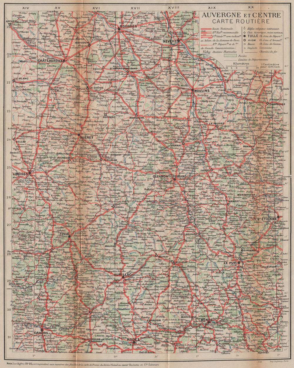 AUVERGNE/CENTRE. Carte Routière. Vintage map plan. Limousin. Road map 1909