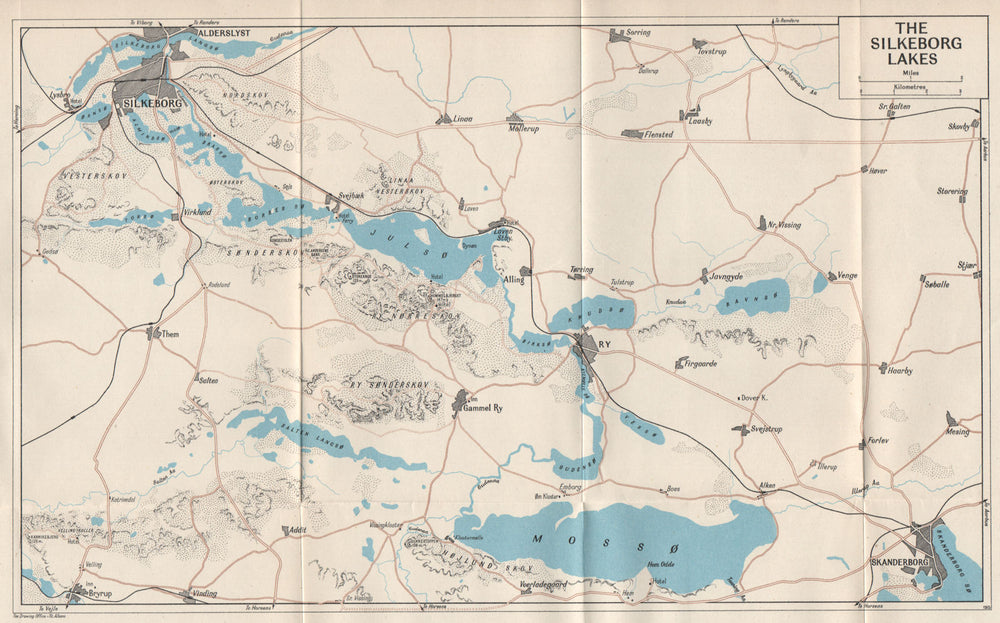 SILKEBORG LAKES. Vintage map plan. Denmark. Ry. Skanderborg 1955 old