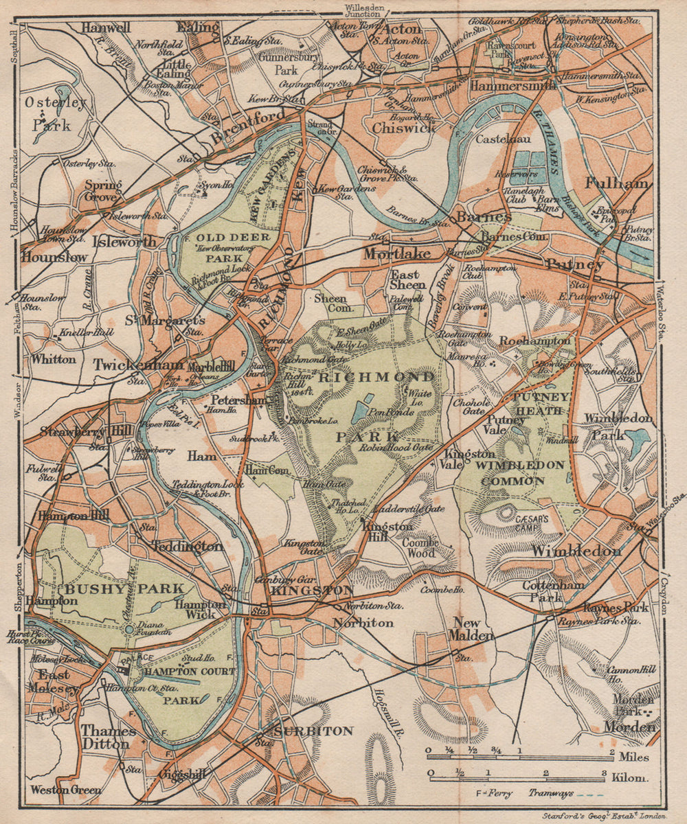 SW LONDON. Richmond Barnes Kingston Chiswick Wimbledon Kew Bushy Park 1922 map