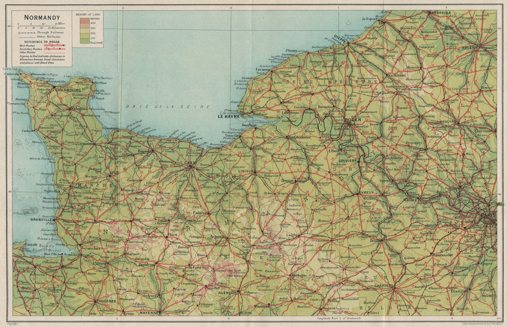 NORMANDY NORMANDIE. Roads railways. Le Havre Rouen Cherbourg. Vintage map 1926