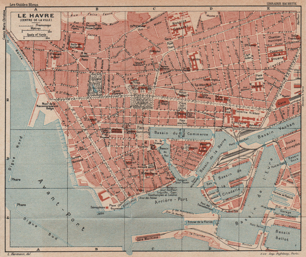 LE HAVRE (CENTRE DE LA VILLE) . Vintage town city map plan. Seine-Maritime 1926
