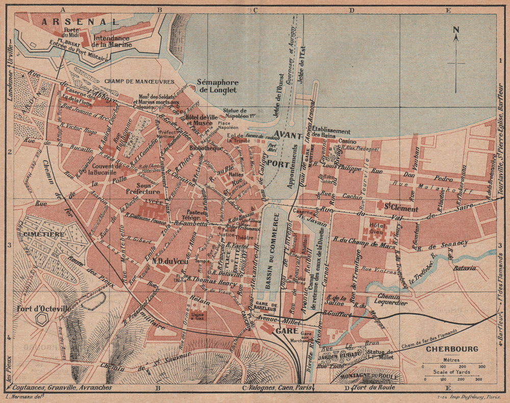 CHERBOURG. Vintage town city map plan. Manche 1926 old vintage chart